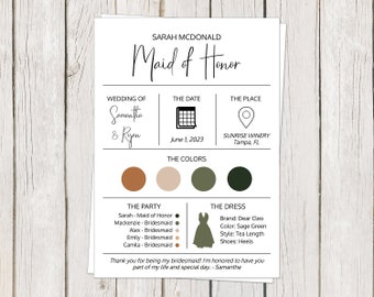 Digital Bridesmaid Information Card, Bridal Party, Maid of Honor, Flower Girl, Wedding Colors, Dress, INSTANT DOWNLOAD Fully Editable Card