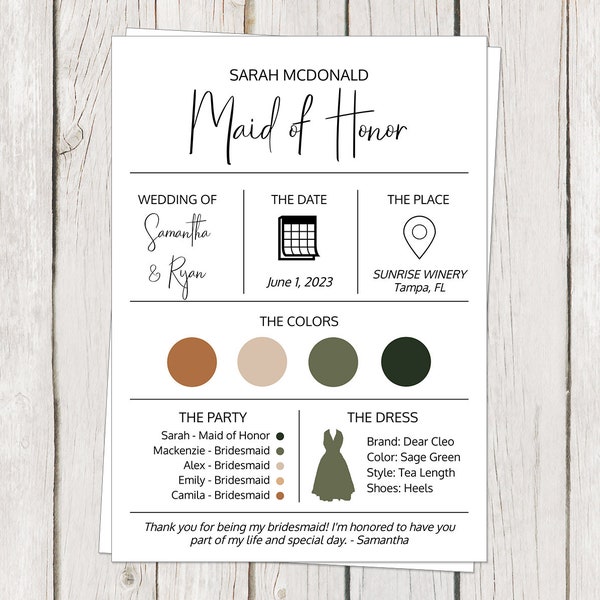 Digital Bridesmaid Information Card, Bridal Party, Maid of Honor, Flower Girl, Wedding Colors, Dress, INSTANT DOWNLOAD Fully Editable Card