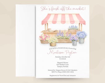 Fresh Off the Market Flower Cart Bridal Shower Invitation, Printed with Envelopes