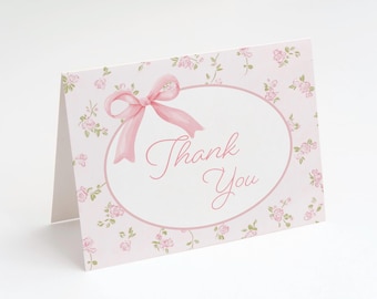 Floral Thank You Cards, Bridal Shower, She's Tying the Knot, Coquette Bow, Victorian, Vintage, Antique, Wedding, Folded Notes Blank Inside