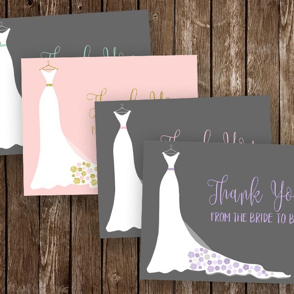 Bridal Shower Thank You Cards, Pink, Gray, Mint, Purple, Grey, Wedding, Dress, Plum, Simple, Gown, Elegant, Folded Notes Blank Inside