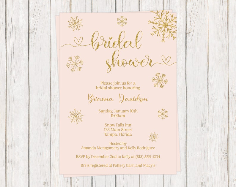 Gold Printable INSTANT DOWNLOAD Fully Editable Invite Pink Snowflakes Winter Bridal Shower Invitations Here Comes the Bride DIY
