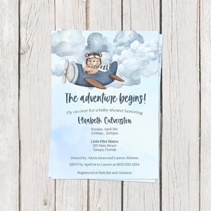 Printed, Airplane Baby Shower Invitations, Teddy Bear, Clouds, Blue, Aviation, Plane, Pilot, White Envelope Included