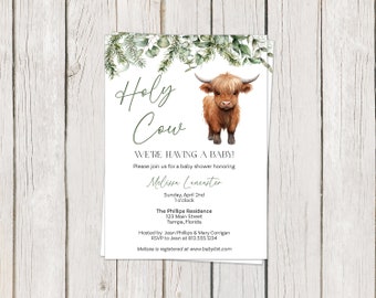 Printed Cow Baby Shower Invitation, Holy Cow, Gender Neutral, Highland Cows, Unisex, Green, Western, Country, White Envelopes Included