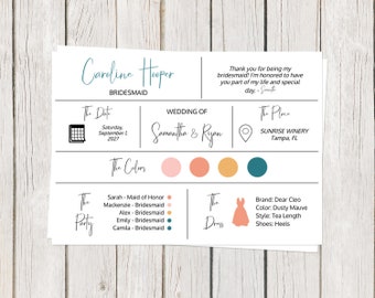 Digital Bridesmaid Information Card, Bridal Party, Maid of Honor, Flower Girl, Wedding Colors, Dress, INSTANT DOWNLOAD Fully Editable Card