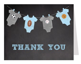 Printed Baby Shower Thank You Cards, Sports, Boy, Basketball, Soccer, Football, Baseball, MVP, Blue, Chalkboard, Folding Notes, Blank Inside