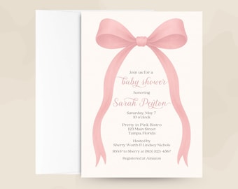 Pink Bow Baby Shower Invitation – Coquette Ribbon Girl Shower Invite – Printed