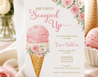 Bridal Shower Invitation – She’s Been Scooped Up Ice Cream Social Floral, Printed