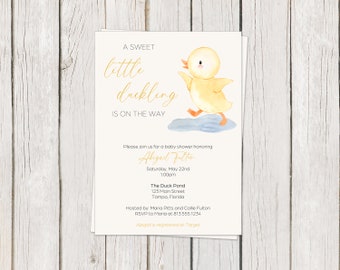 Printed Duck Baby Shower Invitation, Little Duckling, Ducky, Yellow, Watercolor, Gender Neutral Unisex, White Envelopes Included