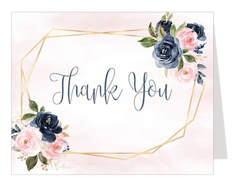 Floral Thank You Cards, Bridal Shower, Pink, Blush, Navy, Blue, Wedding, Spring, Summer, Flowers, Folded Notes, Blank Inside