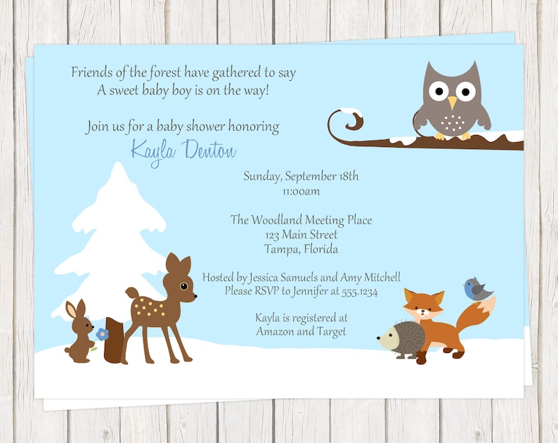 Printed Snow One Dollar Each with Envelope Included Pink Girl Boy Baby Shower Invitations Woodland Blue Winter Forest Animals
