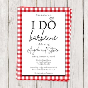 Printed I Do BBQ Invitation, Couples Shower, Bridal Barbecue, Gingham, Cookout, Grill, Picnic Party, Envelopes included