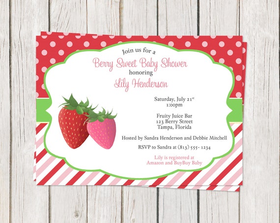 Editable Strawberry Baby Shower Invitation Berry Sweet Baby Shower