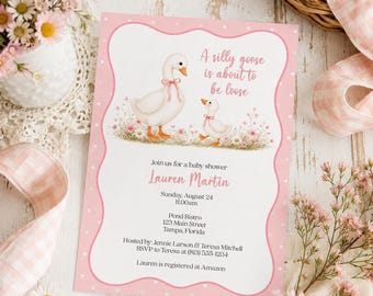 Silly Goose Baby Shower Invitation, Pink Polka Dot Invite with Matching Shower Cards