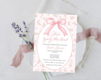 Pink Bow Bridal Shower Invitation – She’s Tying the Knot Floral Design, Printed