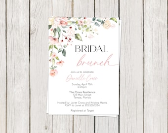 Printed Bridal Shower Invitation, Bridal Brunch, Floral, Pink, Blush, Greenery, Mimosas, Bachelorette, White Envelope Included