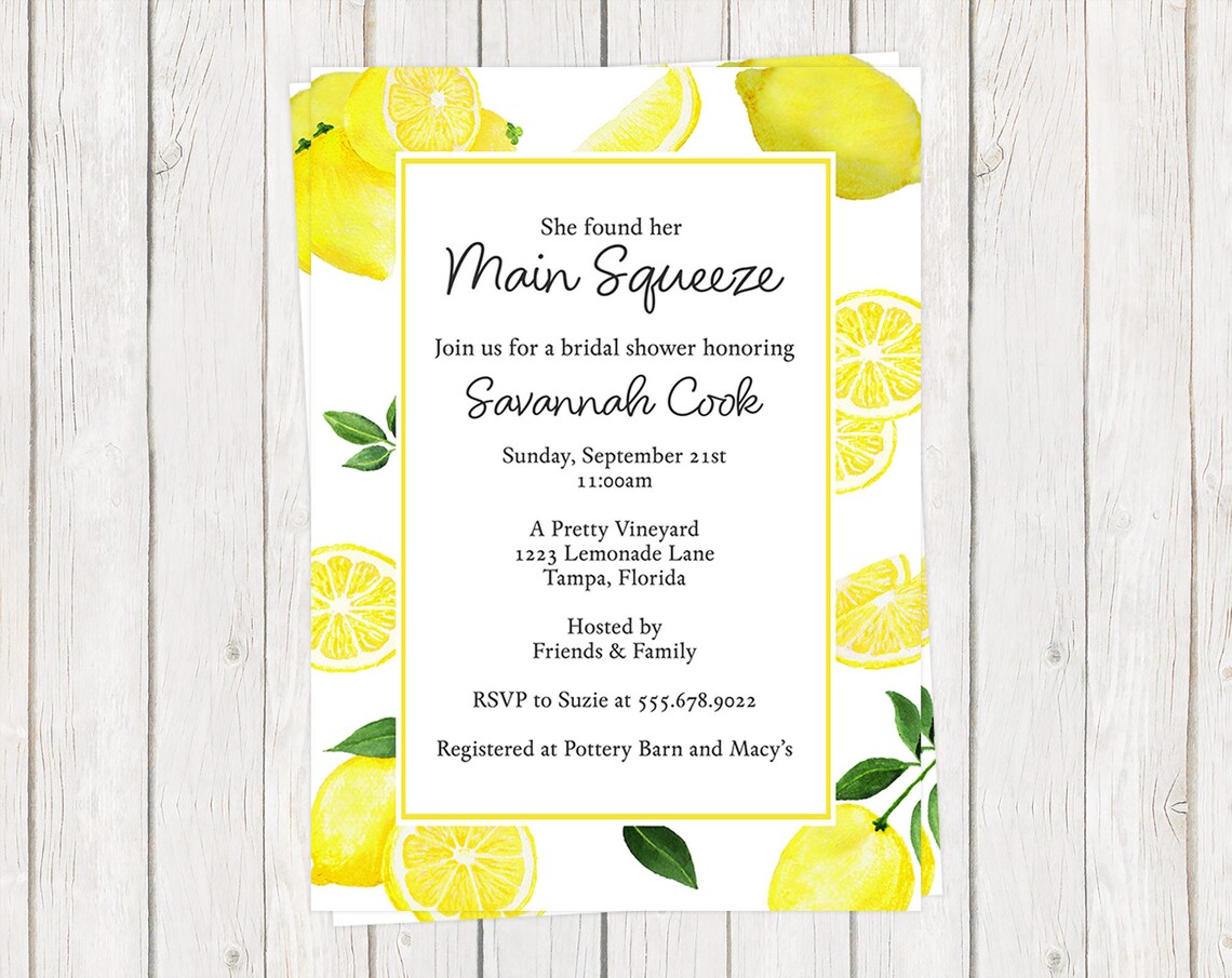 Lemon Bridal Shower Invitation Fruit Main Squeeze Citrus Etsy
