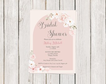 Printed, Dusty Rose, Bridal Shower, Invitation, Arch, Pink, Floral, Flowers, Wedding, Spring,  White Envelope Included