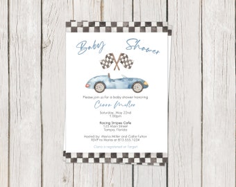 Printed, Car Baby Shower, Invitation, Blue, Boy, Race, Racing Stripes, Automobile, Racecar, White Envelope Included