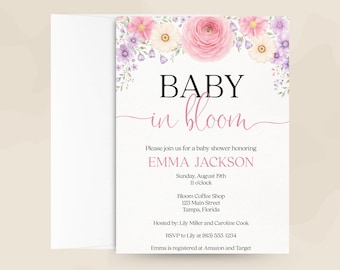 May include: Baby shower invitation with floral design. The invitation reads "BABY in bloom" in black and pink script, with details for Emma Jackson's baby shower. The design includes a floral border with pink, purple, and white flowers.