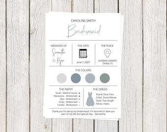 Digital Bridesmaid Information Card, Bridal Party, Maid of Honor, Flower Girl, Wedding Colors, Dress, INSTANT DOWNLOAD Fully Editable Card