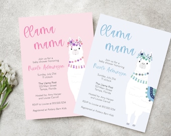 Printed Llama Baby Shower Invitation, Llama Mama, Alpaca, Boho, Blue, Pink, Girl, Boy, Fiesta, White Envelopes Included