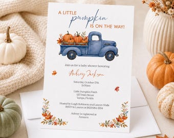 Vintage Fall Truck Baby Shower Invitation, Little Pumpkin Printed Invites with Matching Shower Cards