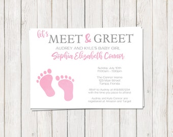 Sip and See Invitation, Baby Girl, Pink Feet (Digital, Printable)