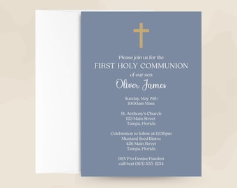First Holy Communion Invitation – Gracefully Yours Blue Cross Religious Invite, Printed