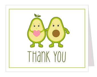 Avocado Thank You Cards, Baby Shower, Holy Guacamole, Kuwaii, Cartoon, cute, Gender Neutral, Unisex, Folding Notes, Blank Inside