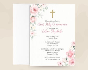 First Holy Communion Invitation – Gracefully Yours Floral Cross Religious Invite, Printed