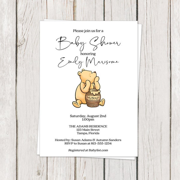 Printed Winnie the Pooh Baby Shower Invitation, Vintage, Nostalgic, Retro, Pooh Bear, Gender Neutral Unisex, White Envelopes Included