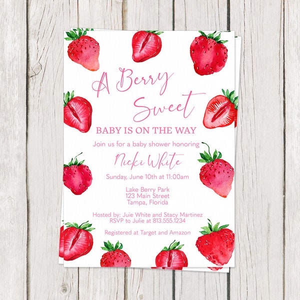 Printed Strawberry Baby Shower Invitation, Berry Sweet Girl Pink Red Watercolor Fruits Spring Summer Party, White Envelope Included