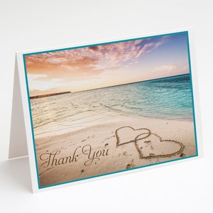 Cartes de correspondance sur le thème de la plage, Cartes de remerciement, Shower de bébé, Mariage, Amour, Cœurs d'amour, Cartes de correspondance pliées, Vierge à l'intérieur, Avec enveloppes