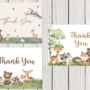Animaux de la forêt, Cartes de remerciement, Fête prénatale, Forêt, Ours, Renard, Écureuil, Cerf, Genre neutre, Pliage de notes, Intérieur vierge