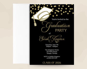 Cap & Confetti Graduation Party Invitation – Elegant Class of 2026 Grad Invite, Printed