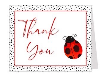 Ladybug Thank You Cards, Baby Shower, Birthday, Girl, Red, Black, Polka Dots, Lil Ladybug, 1st Birthday, Lady, Folded Notes Blank Inside