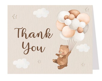 Bear Thank You Cards, Baby Shower, Teddy, Barely Bearly Wait, Gender Neutral, Brown, Tan, Balloons, Watercolor, Folded Notes