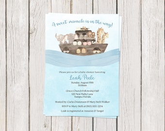 Noah’s Ark Baby Shower Invitation, Miracle, Religious, Gender Neutral, Watercolor, Printable, Digital, INSTANT DOWNLOAD Editable Invite