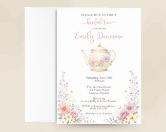 Floral Bridal Tea Invitation – Teapot Garden Party, Elegant, Printed Invitation
