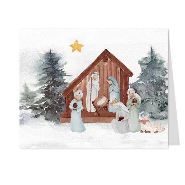 Watercolor Nativity Christmas Cards, Christian, Religious, Religion, Jesus, Greeting Cards, Winter, Holiday Cards, Folding Holiday Cards