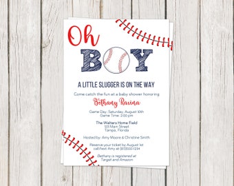 Baseball Baby Shower Invitations, Sports, Little Slugger, Red, Blue, Game Day, Printable, Digital, INSTANT DOWNLOAD Fully Editable Invite