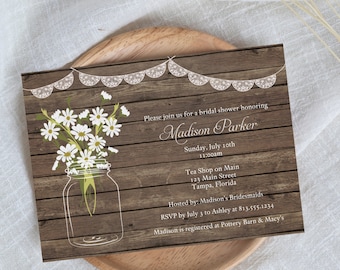 Printed Bridal Shower Invitations, Mason Jar, Rustic, Barn, Country, Wood, Lace, Daisy, Wedding Shower, White Envelopes Included