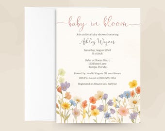 Wildflower Baby Shower Invitation – Baby in Bloom Floral Shower Invite, Printed