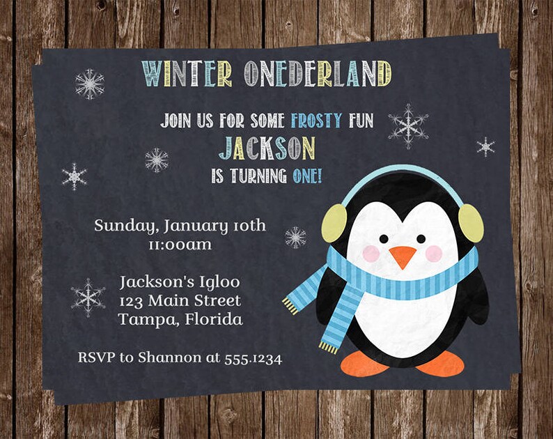 Pink 1st Birthday Blue Penguins Girl Chalkboard Onderland Birthday Party Invitations 10 Printed Invites Snow Snowflakes Boy