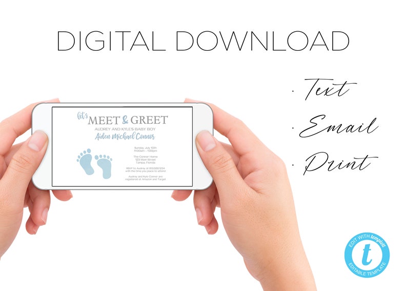 May include: A digital download invitation for a baby shower. The invitation is blue and white and features a pair of baby footprints. The text on the invitation reads "Let's Meet & Greet Audrey and Kyle's Baby Boy Aiden Michael Conner".