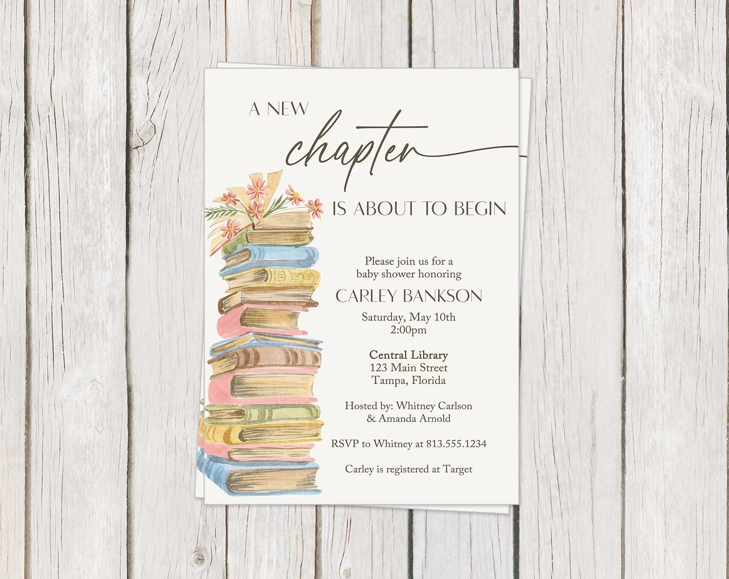 Printed Storybook Baby Shower Invitation, A New Chapter is About to Begin, Books, Reading, Bibliophile, Unisex, White Envelopes Included