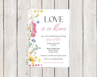 Printed, Love Is In Bloom, Bridal Shower, Invitation, Floral, Flowers, Greenery, Pink, Spring, Summer, White Envelope Included