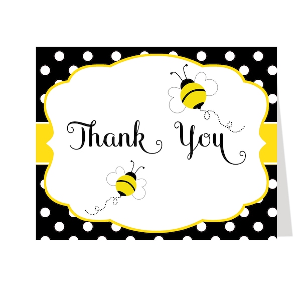 Bee Thank You Cards, Baby Shower, Sprinkle, Birthday, Gender Reveal, Yellow, Polka Dots, Bumblebee, Babee, Folded Notes Blank Inside