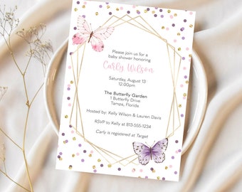 Butterfly Baby Shower Invitations, Watercolor Butterflies Pink Purple, Printable, Digital, INSTANT DOWNLOAD Fully Editable Invite